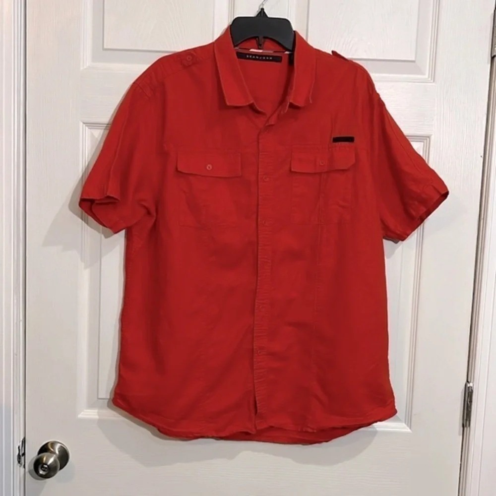 Sean John Men's Orange Button Down Shirt - size 2XL
